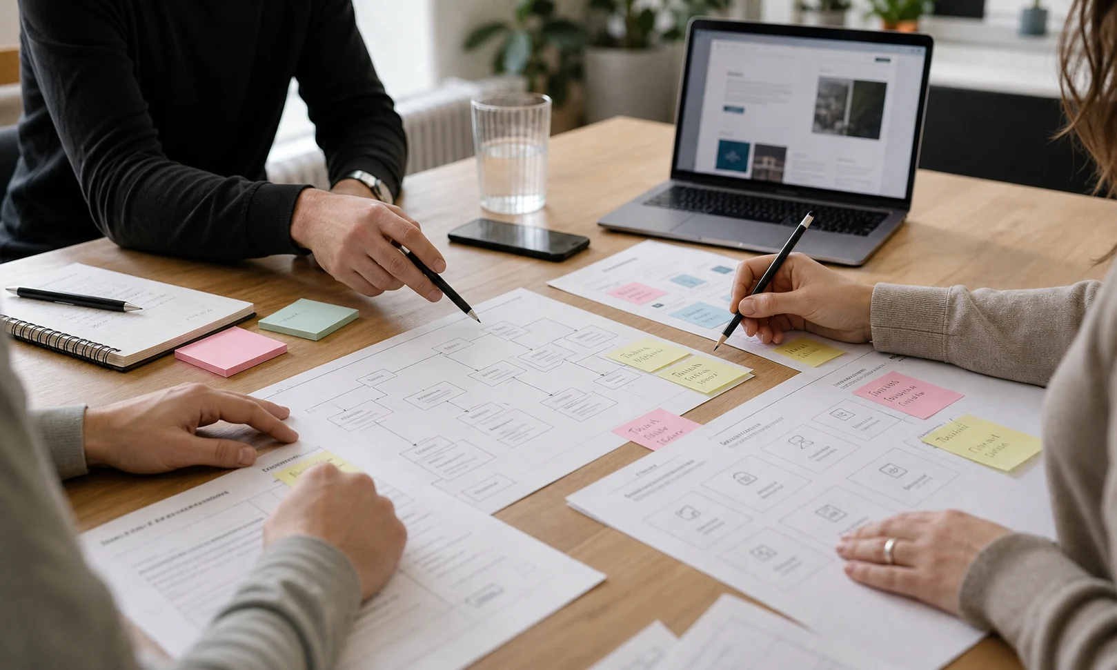 A team plans company website structure, service pages and internal links